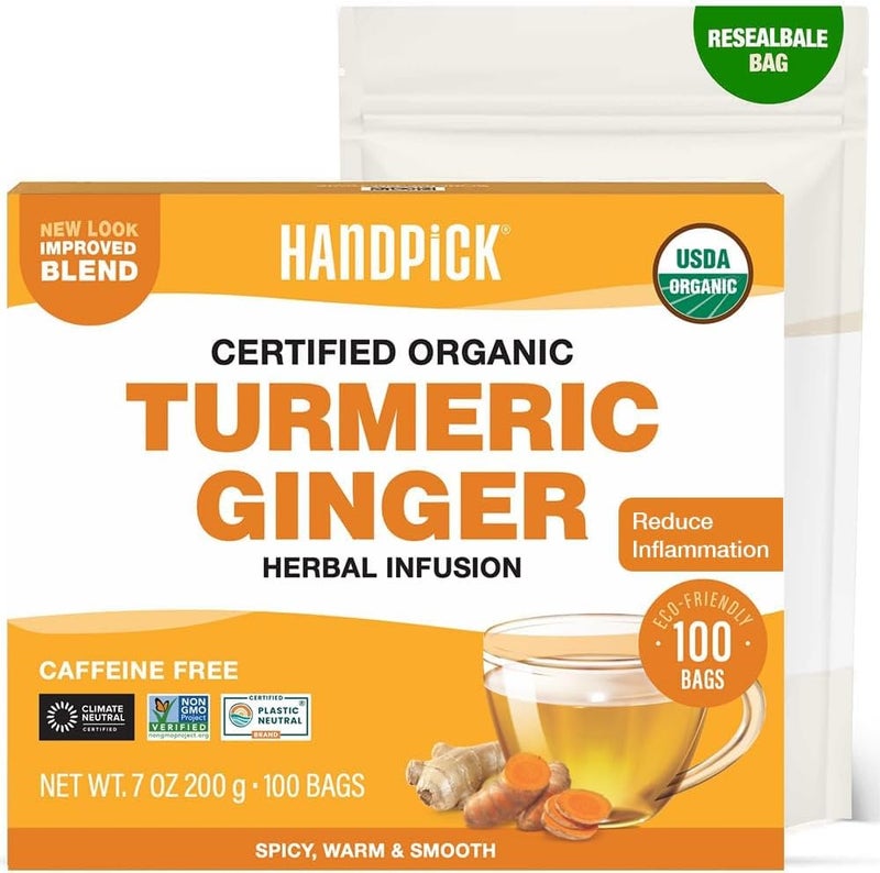 HANDPICK Organic Turmeric Ginger Herbal Tea - 100 Bags - Image 1